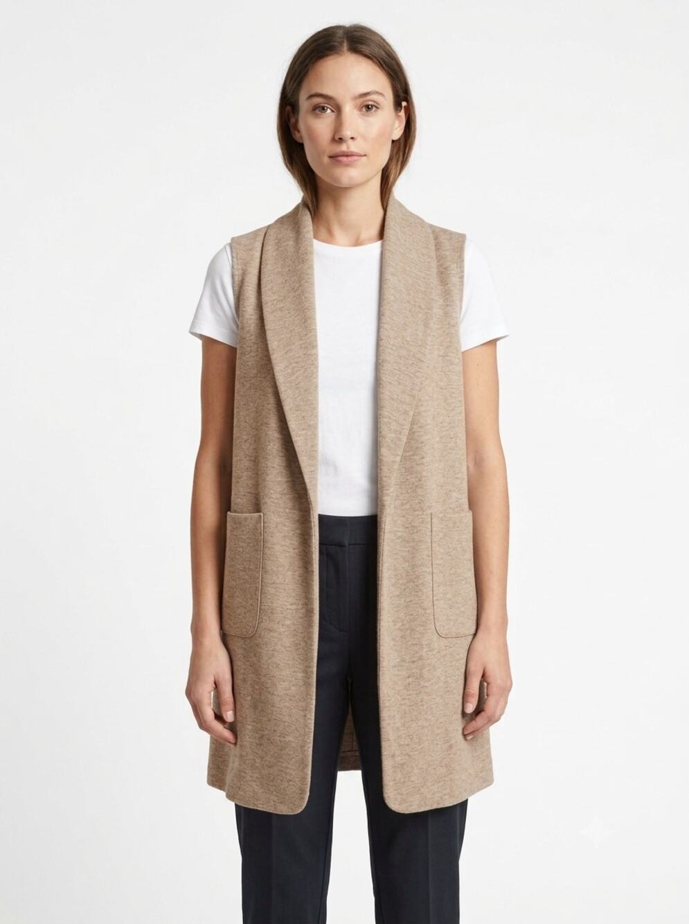 Joie Longline Vest Women's XS Beige Knit Open Front Shawl Collar Duster Pockets